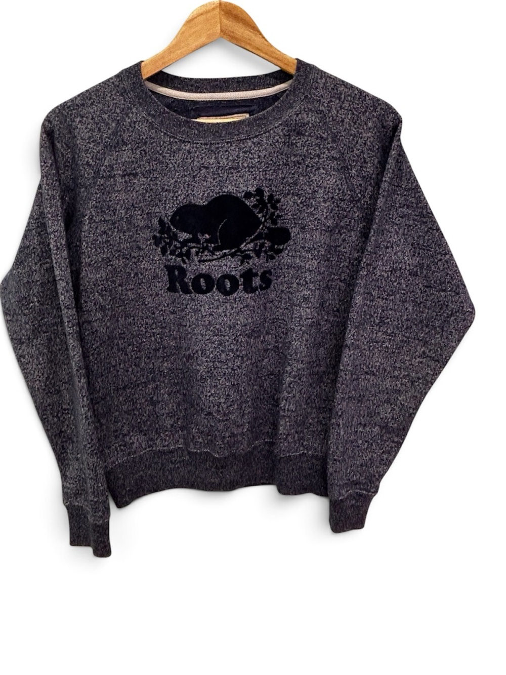 Roots Original Cooper Beaver Logo Salt & Pepper Crewneck Sweatshirt Blue Small